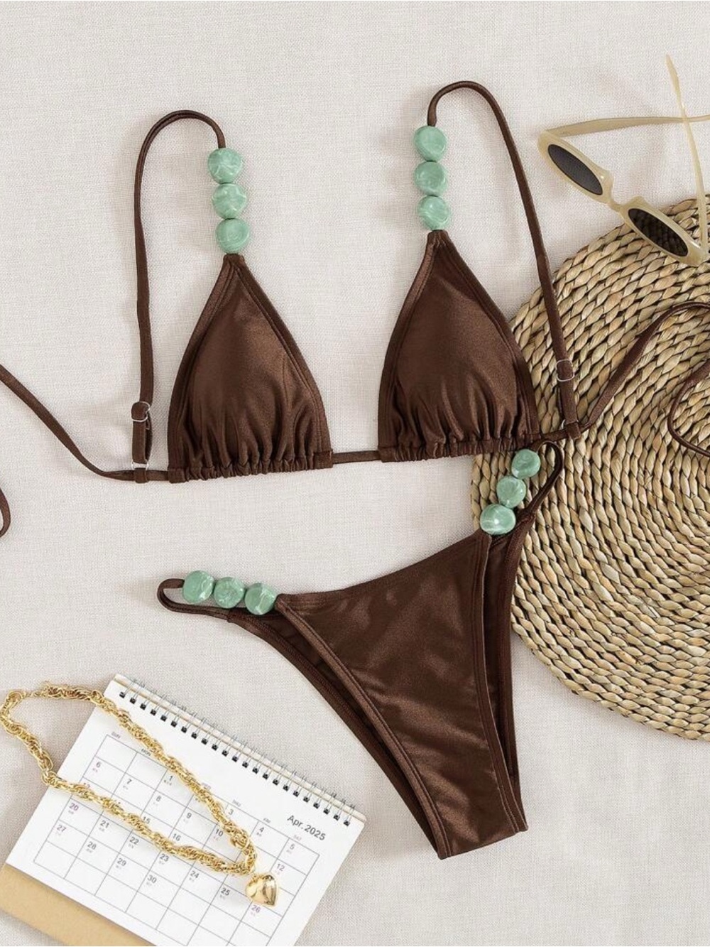 Brown Beaded Triangle Bikini Set